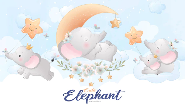 Free Vector | Cute little elephant with watercolor illustration set