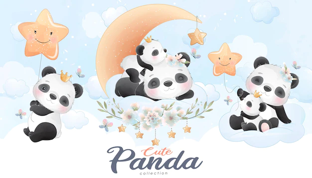 Free Vector | Cute little panda with watercolor illustration set
