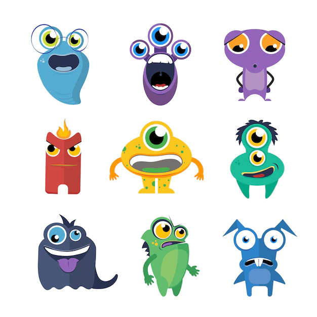 Free Vector | Cute monsters vector set in cartoon style. alien cartoon character, creature collection fun illustration