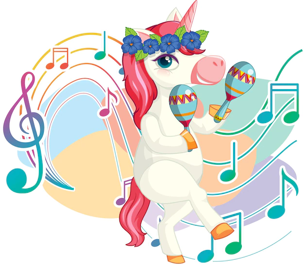 Free Vector | Cute pink unicorn shaking maracas with music notes on white back