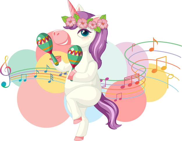 Free Vector | Cute purple unicorn shaking maracas with music notes on white ba