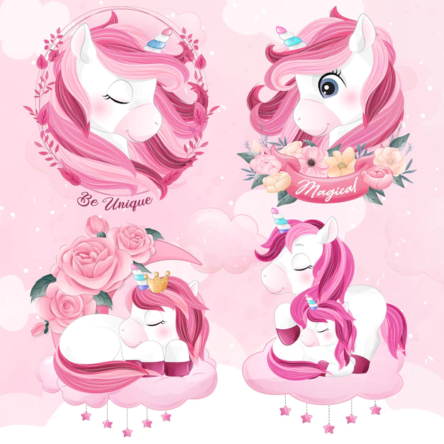 Free Vector | Cute unicorn with watercolor illustration set