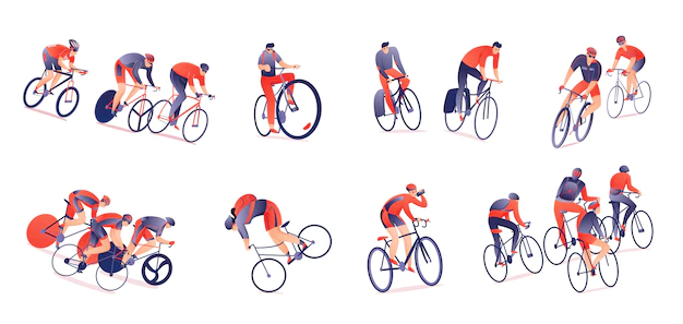 Free Vector | Cycling tour horizontal set of bicyclists with sports equipment in various positions isolated