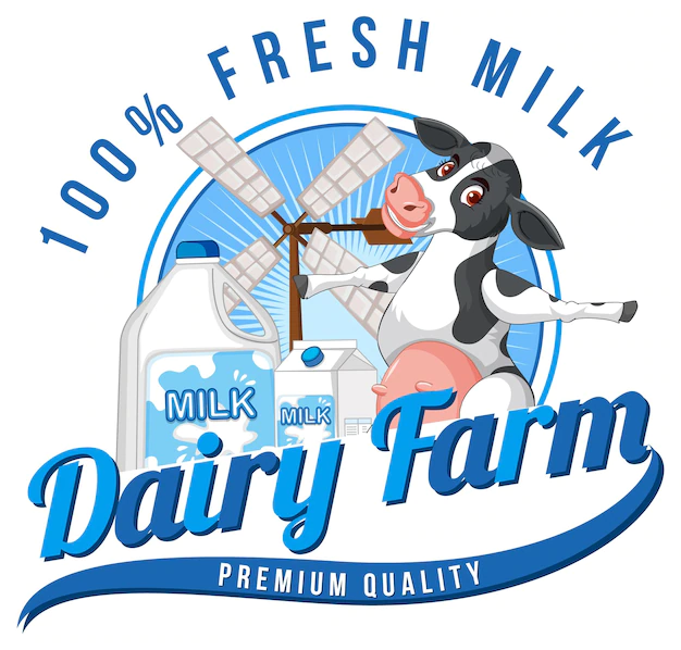 Free Vector | Dairy farm word logo with a dairy cow cartoon