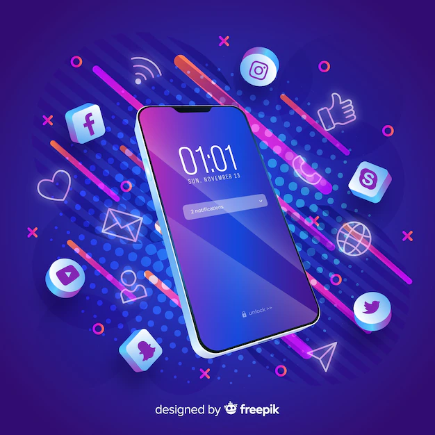 Free Vector | Dark themed mobile phone surrounded by apps