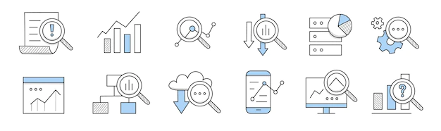 Free Vector | Data analysis icons, research of business, finance or science information. vector doodle set with charts, diagrams on computer screen, magnifying glass, gear and document
