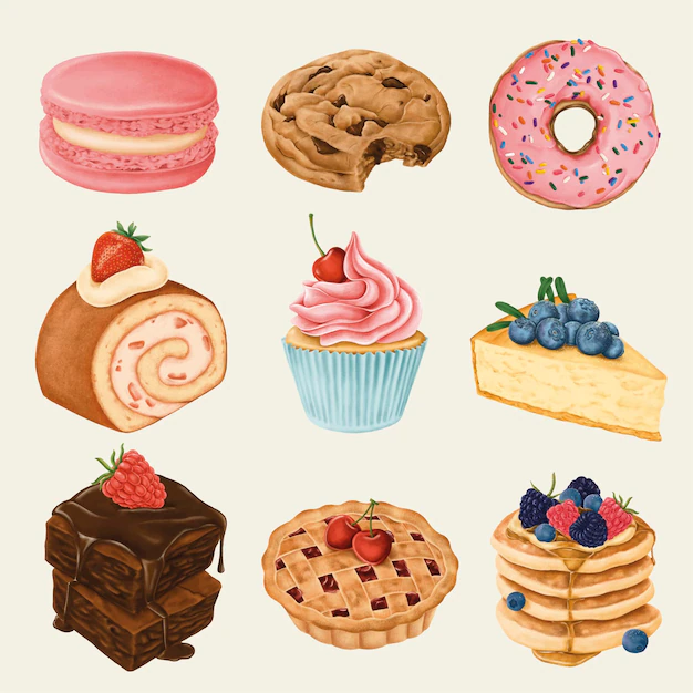 Free Vector | Delicious hand painted desserts set