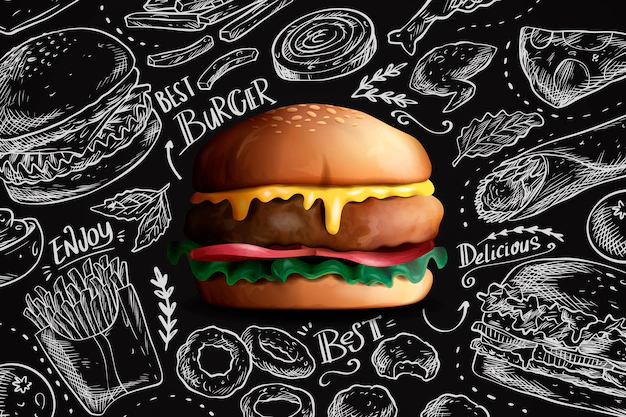 Free Vector | Delicious realistic burger on chalkboard background