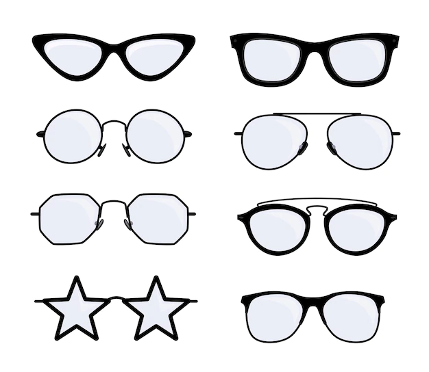 Free Vector | Different glasses designs vector illustrations set. eyeglasses with black frames of different shapes and styles: old, modern, cool, hipster isolated on white background. medicine, fashion concept
