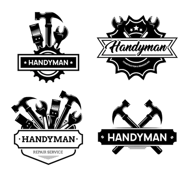 Free Vector | Different handyman logo flat icon set. black vintage service badges with wrench and hammer for mechanic worker vector illustration collection. construction and maintenance