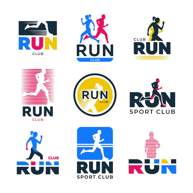 Free Vector | Different retro running flat logo set. colorful silhouettes of runners and athletes jogging marathon vector illustration collection. sport club, active lifestyle and exercise
