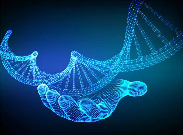 Free Vector | Dna sequence in hand. wireframe dna code molecules structure mesh.