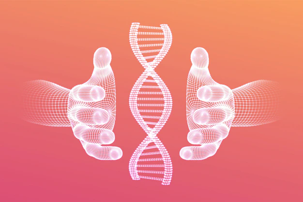 Free Vector | Dna sequence in hands. wireframe dna code molecules structure mesh.