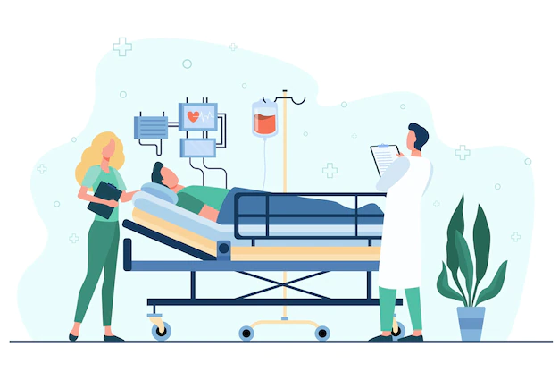 Free Vector | Doctor and nurse giving medical care to patient in bed isolated flat illustration.