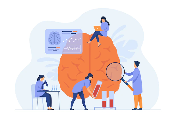 Free Vector | Doctors doing medical research on human brain and testing blood samples.