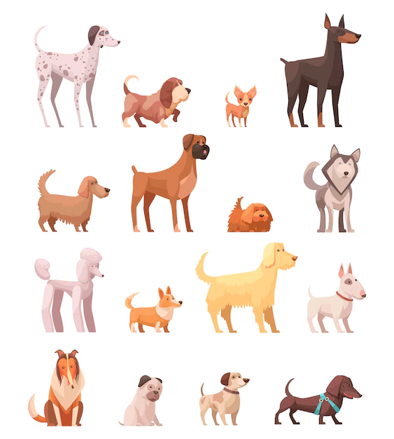 Free Vector | Dog breeds retro cartoon icons collection with husky poedel collie shepherd and dachshund dog isolated vector illustration