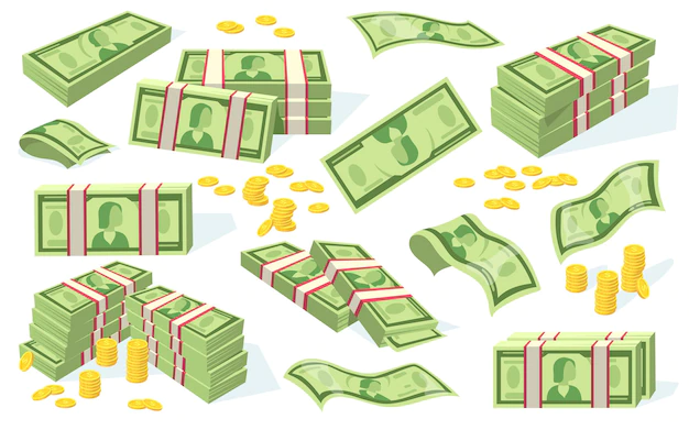 Free Vector | Dollar bills and coins set. piles of cash, stacks of green paper banknotes isolated on white. flat illustration
