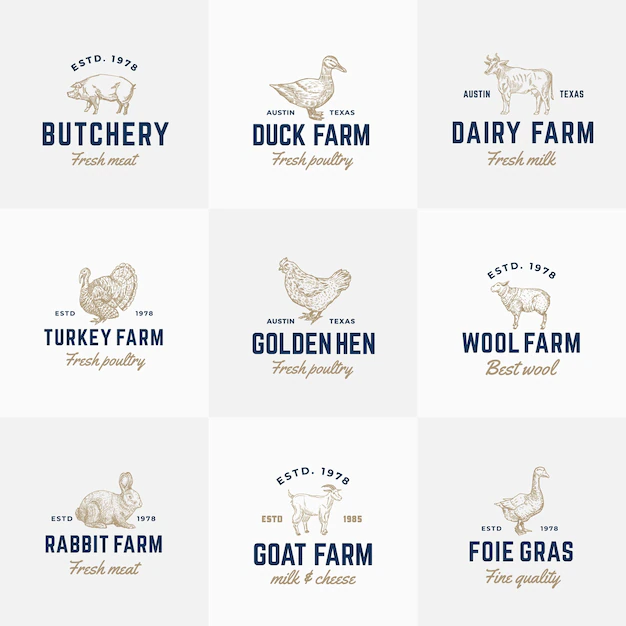 Free Vector | Domestic animals and poultry retro  logo templates set.