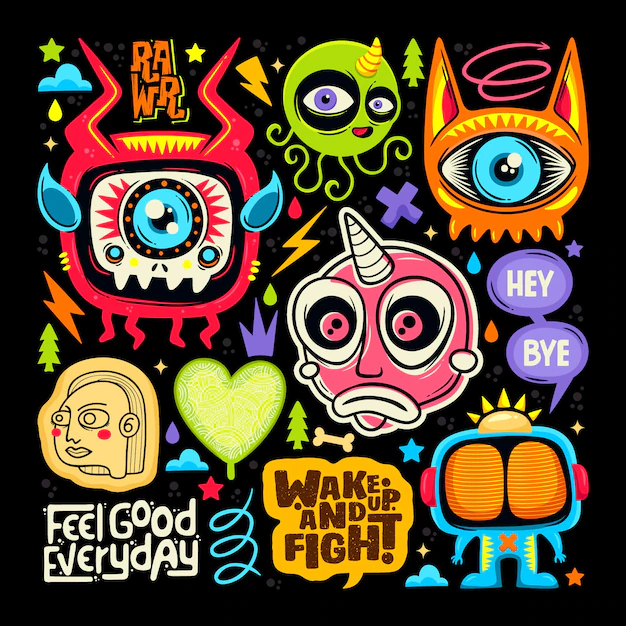 Free Vector | Doodle cute monster sticker icons hand drawn coloring vector