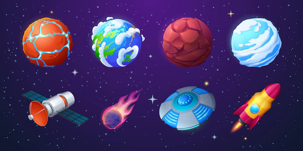 Free Vector | Earth alien planets rocket ufo spaceship and meteor on background of outer space with stars