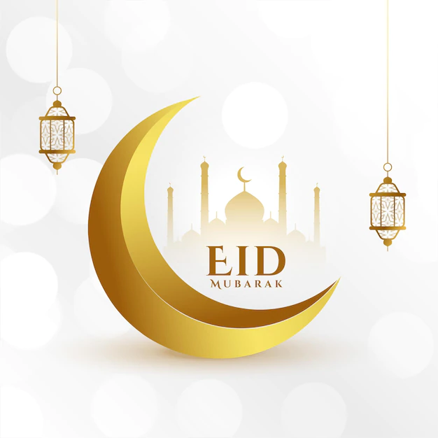 Free Vector | Eid mubarak golden moon and mosque beautiful greeting