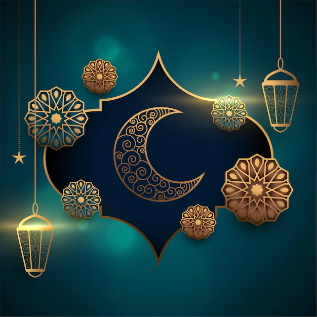 Free Vector | Eid mubarak realistic greeting card with lantern and moon