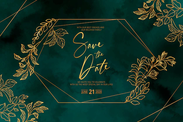 Free Vector | Elegant wedding invitation with golden frame and leaves