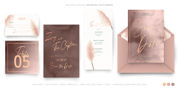 Free Vector | Elegant wedding stationery in blush and copper