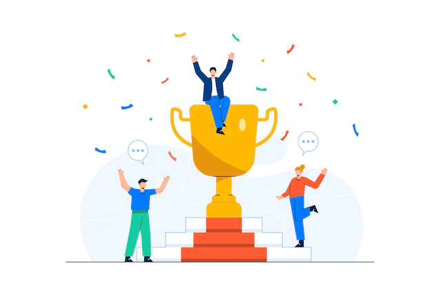 Free Vector | Employees celebrating business success with huge trophy