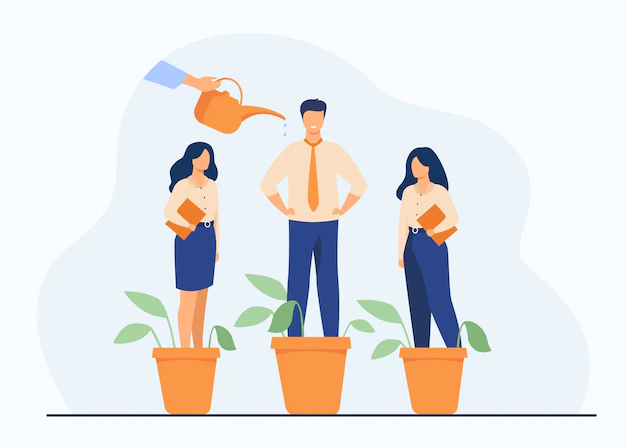 Free Vector | Employer growing business professionals metaphor. hand watering plants and employees in flowerpots. vector illustration for growth, development, career training concept