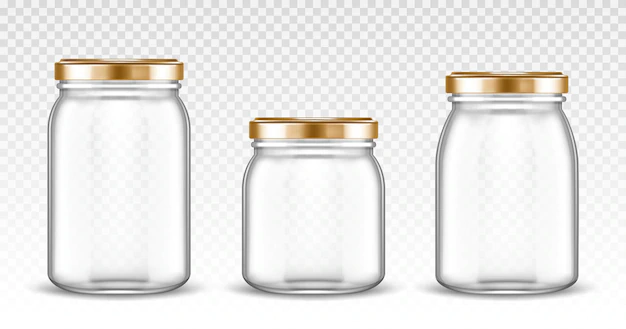 Free Vector | Empty glass jars with different shapes with gold lids isolated