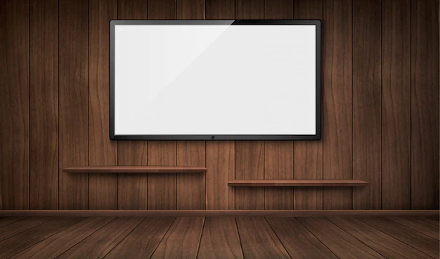 Free Vector | Empty wooden room with tv screen and bookshelves