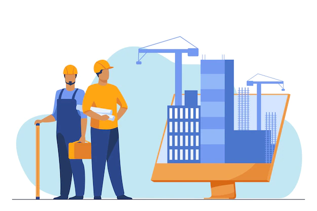 Free Vector | Engineers standing near big monitor with buildings. project, crane, screen flat vector illustration. construction and engineering