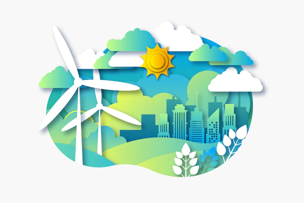 Free Vector | Environmental concept in paper style with town and windmills