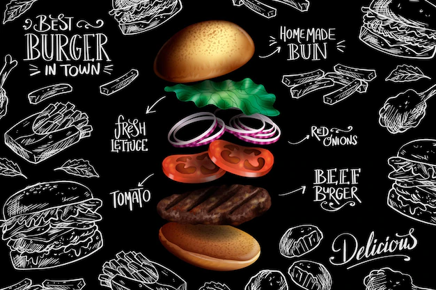 Free Vector | Falling realistic burger on chalkboard background