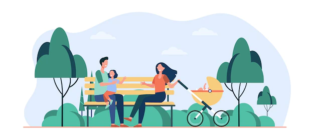 Free Vector | Family enjoying leisure time in park. parents, kid sitting on bench at stroller. cartoon illustration