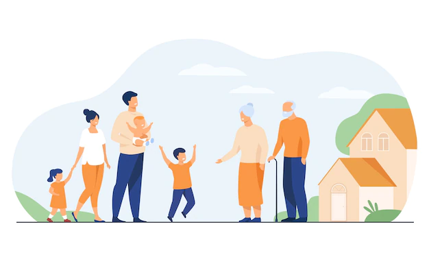 Free Vector | Family meeting in grandparents country house. excited children and parents visiting grandmother and grandfather, boy running to granny. vector illustration for happy family, love, parenting