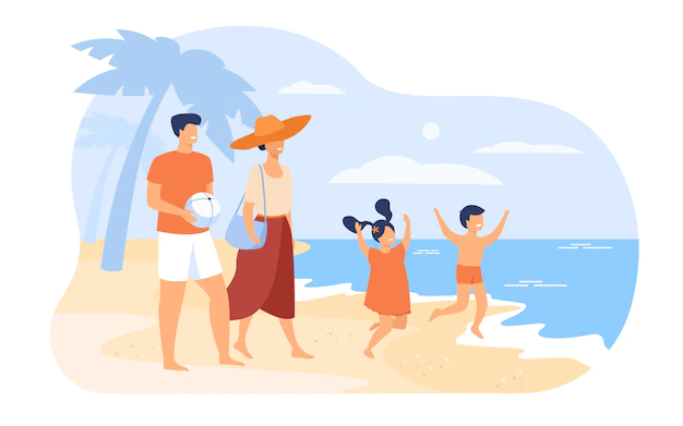 Free Vector | Family on summer vacation concept. parents couple and kids walking on beach, going to bath in sea water, enjoying leisure. for outdoor activities and summer travel topics