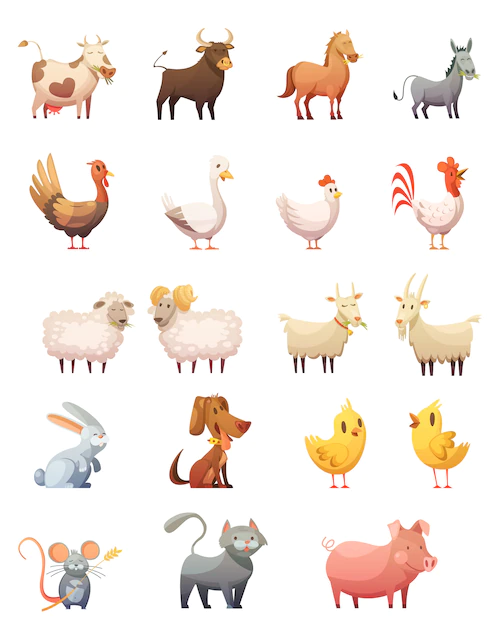 Free Vector | Farm animals cartoon icons set of hen gobbler cow horse ram cat bunny isolated vector illustration