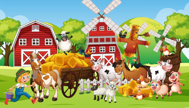 Free Vector | Farm scene with many farm animals