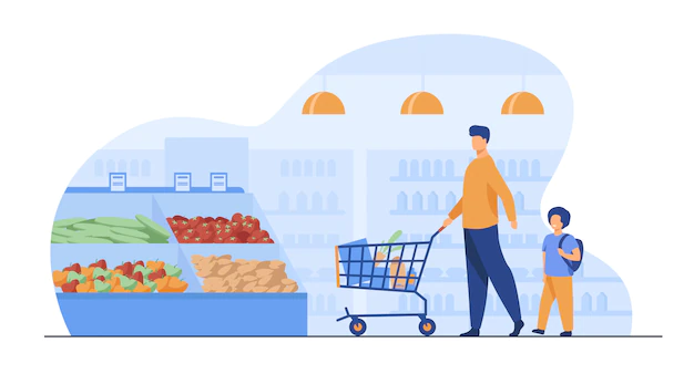 Free Vector | Father and son buying food in supermarket