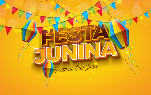 Free Vector | Festa junina illustration with party flags, paper lantern and 3d letter on yellow background.  brazil june festival design for greeting card, invitation or holiday poster.