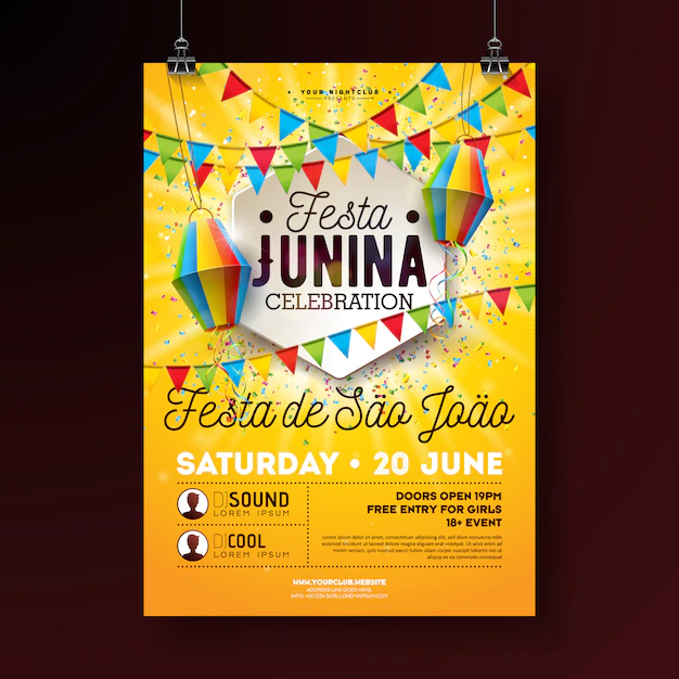 Free Vector | Festa junina party flyer illustration with typography design. flags, paper lantern and confetti on yellow background.  brazil june festival design for invitation or holiday celebration poster.