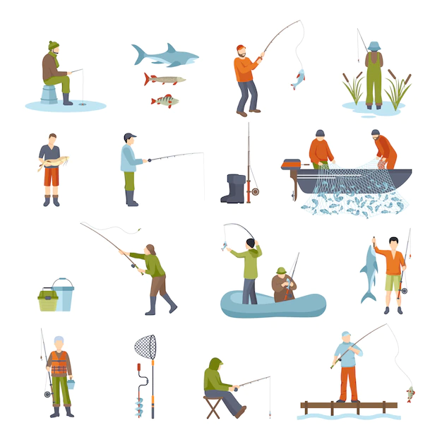Free Vector | Fishing people fish and tools icons set