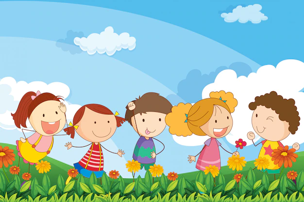 Free Vector | Five adorable kids playing at the garden