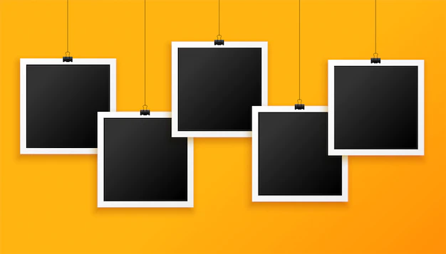 Free Vector | Five hanging photo frames on yellow background