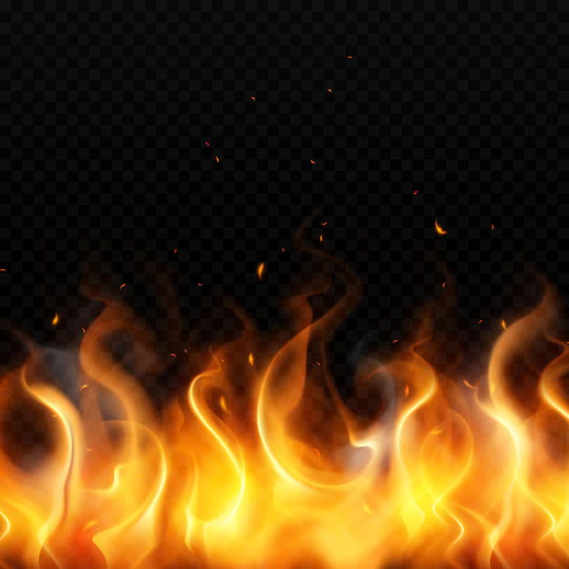 Free Vector | Flame of gold fire on dark transparent background with red sparks flying up realistic