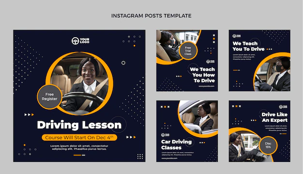 Free Vector | Flat driving school instagam posts collection