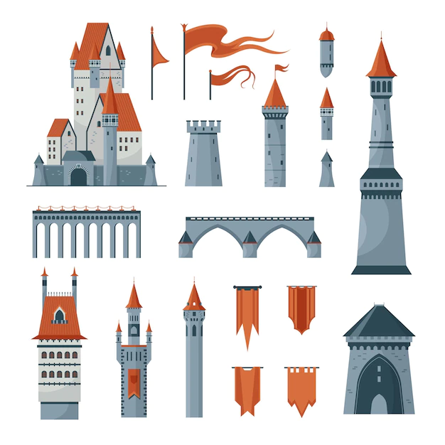 Free Vector | Flat icons set of medieval castle towers flags isolated on white background illustration
