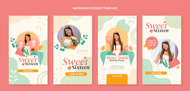 Free Vector | Flat sweet 16 instagram stories collection